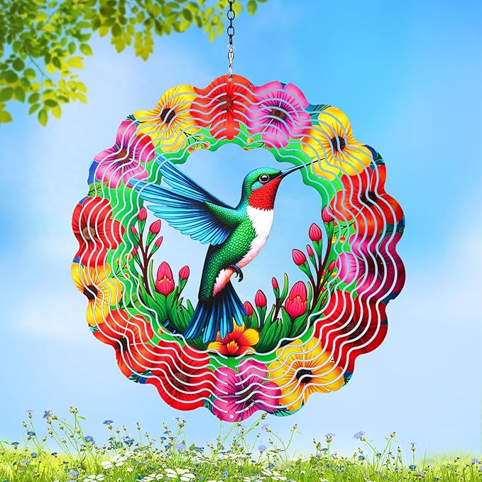 Wind Spinners Outdoor,Hanging 3D Hummingbird Garden Wind Spinner for Outdoor Silhouette Decorations,Gifts for Women Men Metal Wind Kinetic Sculpture for Decor Garden,Yard Art,Patio,Porch,Balcony
