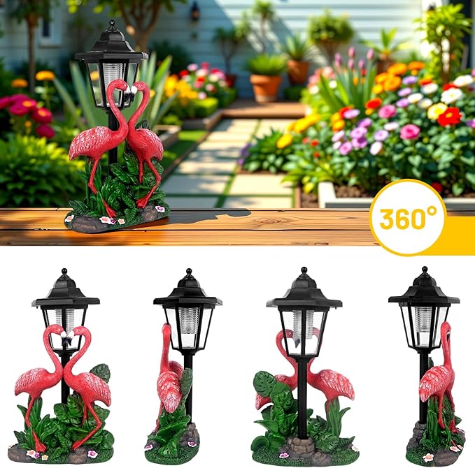 Solar Flamingo Garden Decor, Romantic Flamingo Couple with LED Lantern Decoration for Outside Patio Yard Backyard Gifts for Mother's Day Birthday Housewarming