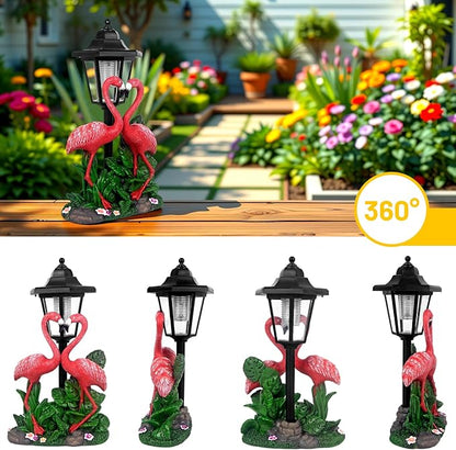Solar Flamingo Garden Decor, Romantic Flamingo Couple with LED Lantern Decoration for Outside Patio Yard Backyard Gifts for Mother's Day Birthday Housewarming