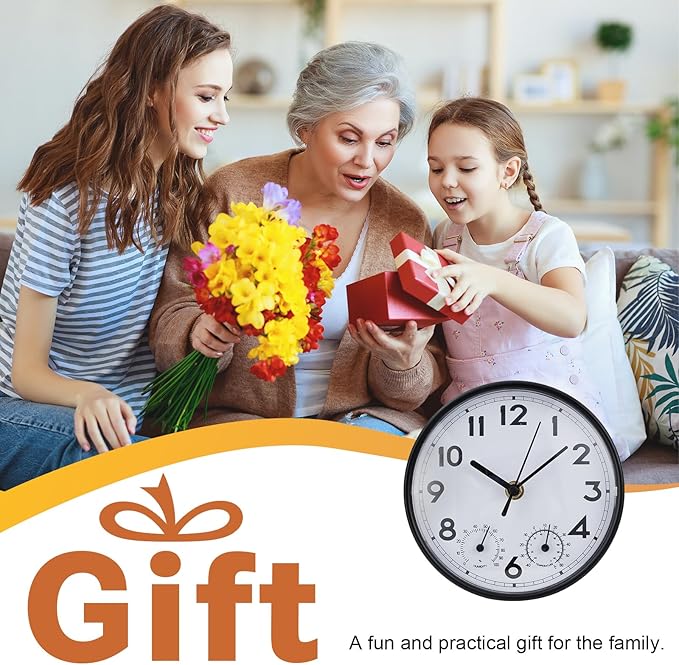 Indoor Outdoor Clocks Waterproof, Decorative Wall Clocks with Temperature and Humidity, Non Ticking Round Wall Clock Battery Operated for Patio Garden Home