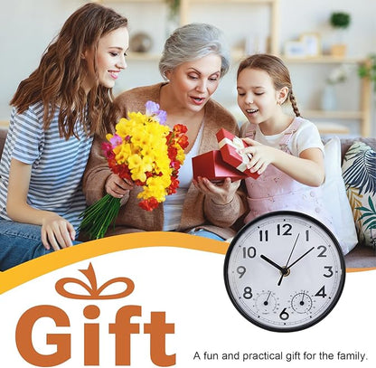 Indoor Outdoor Clocks Waterproof, Decorative Wall Clocks with Temperature and Humidity, Non Ticking Round Wall Clock Battery Operated for Patio Garden Home