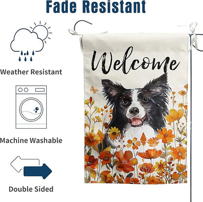 Border Collie Fall Garden Flag Autumn Dog Yard Sign Orange Floral Thanksgiving Outdoor Banners for Outside 12x18 Double Sided Small Wild Flower Lawn Decorations