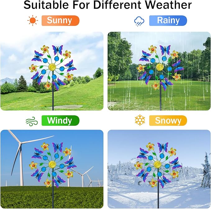 44" Butterfly Gem Wind Spinners Garden Stake, Flower Butterfly Wind Sculpture Yard Art Decorations for Lawn,Patio&Yard & Garden Decor, Metal Whirligigs Wind Spinners Outdoor