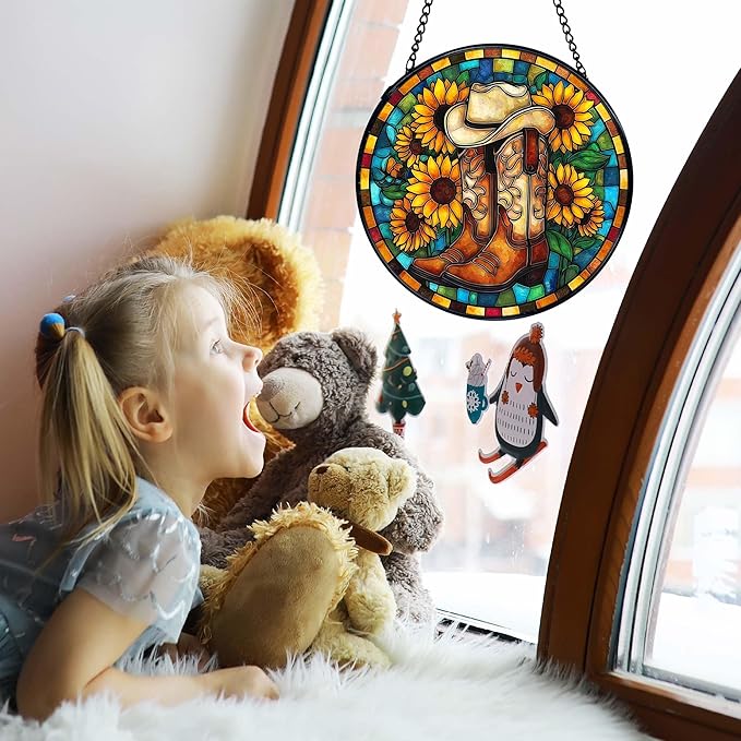 TNUW Western Sunflower Stained Glass Window Hanging, Country Western Cowboy Cowgirl Boots Suncatchers Indoor Window Glass Round Wall Art Decor, Southwestern Wall Hanging Decorations, 7.9＂x7.9＂