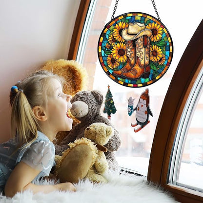 TNUW Western Sunflower Stained Glass Window Hanging, Country Western Cowboy Cowgirl Boots Suncatchers Indoor Window Glass Round Wall Art Decor, Southwestern Wall Hanging Decorations, 7.9＂x7.9＂
