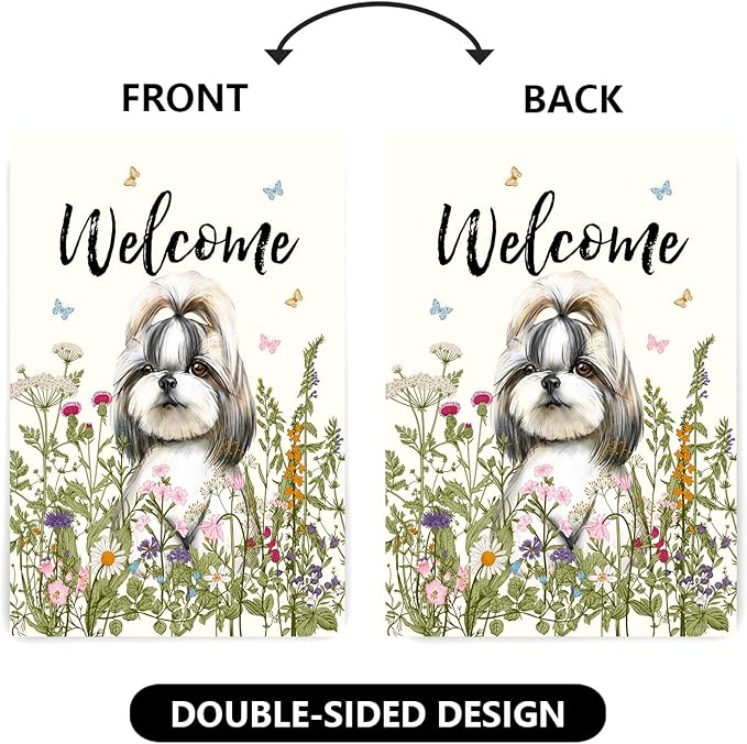 Floral Shih Tzu Garden Flag Spring Summer House Flags 28 x 40 Double Sided Flower Dog Yard Flags for Outside Large Outdoor Welcome Flags