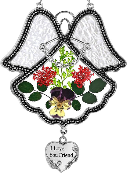 KY&BOSAM Angel Suncatcher I Love You Frined Stained Glass Panels for Windows Hangings Wind Chime with Pressed Flower Glass with Metal Charm Birthday Gift for Women Friend Mothers Day Christmas Décor