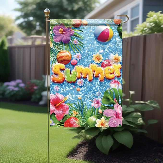 Summer Garden Flag 12x18 Inch Colorful Summer Pool Tropical Flowers Beach Ball Water Design Outdoor Yard Porch Lawn Patio for Seasonal Coastal Home Decor