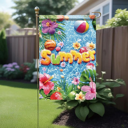 Summer Garden Flag 12x18 Inch Colorful Summer Pool Tropical Flowers Beach Ball Water Design Outdoor Yard Porch Lawn Patio for Seasonal Coastal Home Decor