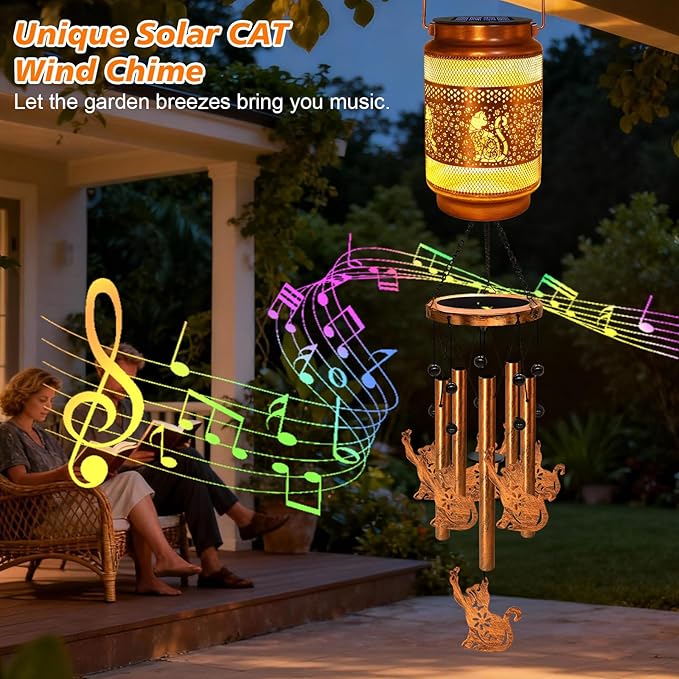 Cat Solar Wind Chimes for Outside, Gifts for Mothers Day Mom Women Grandma Birthday Memorial Teacher, 32" Windchimes Outdoor Decor Hanging Solar Lantern for Garden Porch Patio Backyard