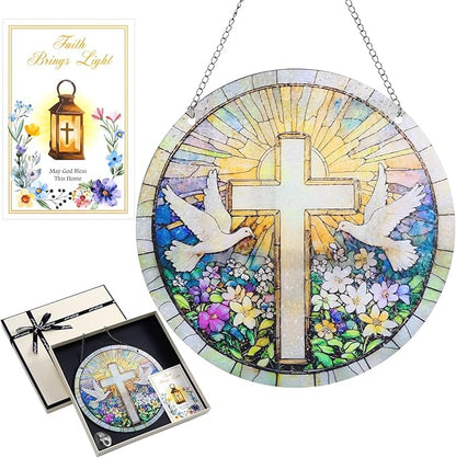 Shihanee 4 Pcs Christian Cross Suncatcher for Window Hanging with Blessing Card Gift Box Hook Acrylic Cross Pigeon Sun Catcher Religious Faith Gifts for Home Window Garden Memorial Decor