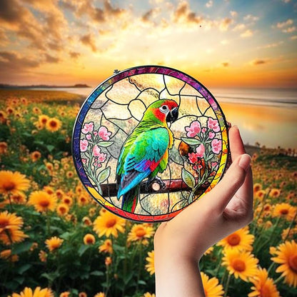 6" Parrot and Flowers Stained Glass Suncatcher Art Glass Bird and Flower for Sun Catcher Indoor Window Gift for Pet Animal Nature Floral Lover Women Mom Friend Painted Glass Panel Décor BIRD-03B-SG6