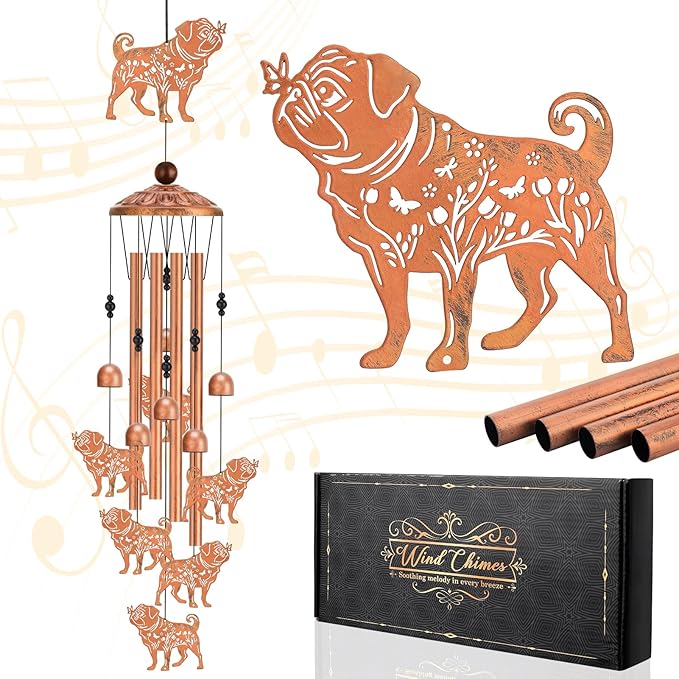 Pug Wind Chimes for Outside Metal Windchimes Pug Gifts for Women Men Garden Decor for Patio Yard Memorial for Dog Lovers