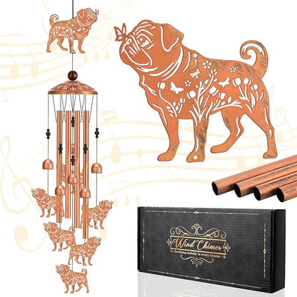 Pug Wind Chimes for Outside Metal Windchimes Pug Gifts for Women Men Garden Decor for Patio Yard Memorial for Dog Lovers