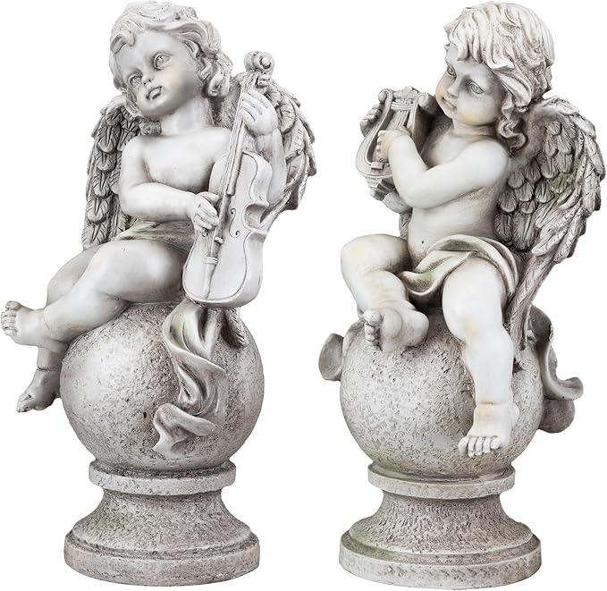 Northlight 14.75" Set of 2 Cherub Angels with Instruments Outdoor Garden Statues