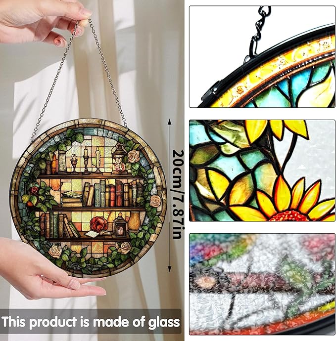 Bimkole Book Stained Glass Suncatcher Window Hanging - Flowers Indoor Window or Doorway Decoration - Handmade Sun Catcher Decor for Garden Home Christmas & Birthday Gifts 7.87x7.87 Inch