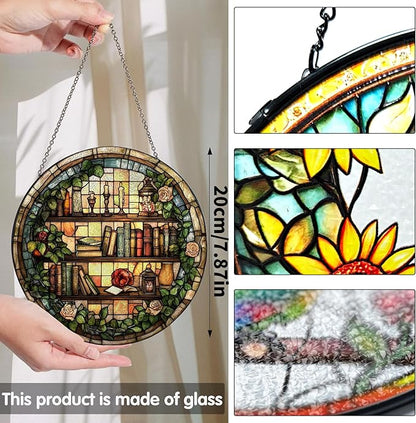 Bimkole Book Stained Glass Suncatcher Window Hanging - Flowers Indoor Window or Doorway Decoration - Handmade Sun Catcher Decor for Garden Home Christmas & Birthday Gifts 7.87x7.87 Inch
