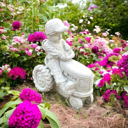 Concrete Young Child on a Tractor Figure Massive Boy on Tractor Statue Outdoor Farm Decoration