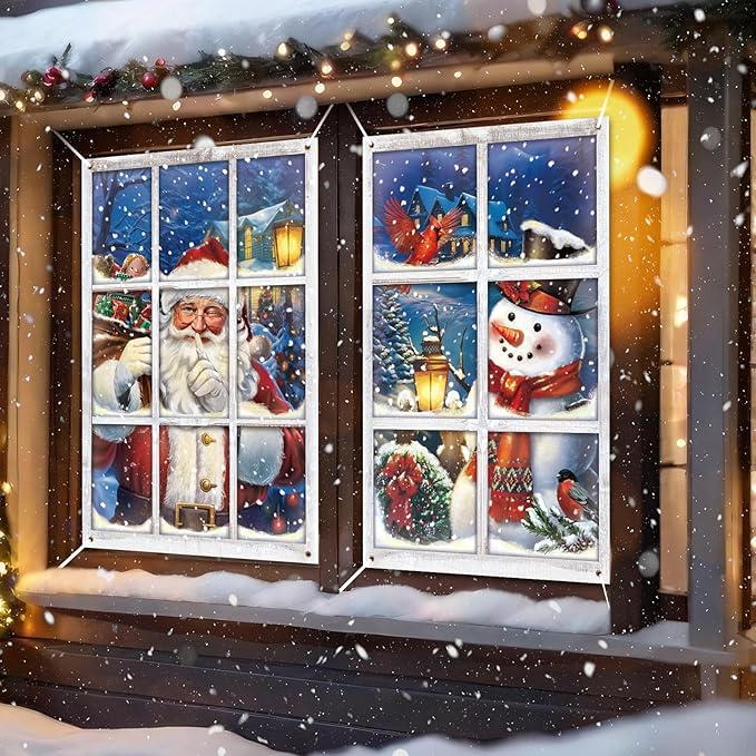 Preboun 2 Pcs Christmas Curtain Window Decoration Xmas Window Silhouette Snowflake Cover Christmas Poster for Indoor Outdoor Holiday Party Wall Garage Door Decor (Santa Claus and Snowman)