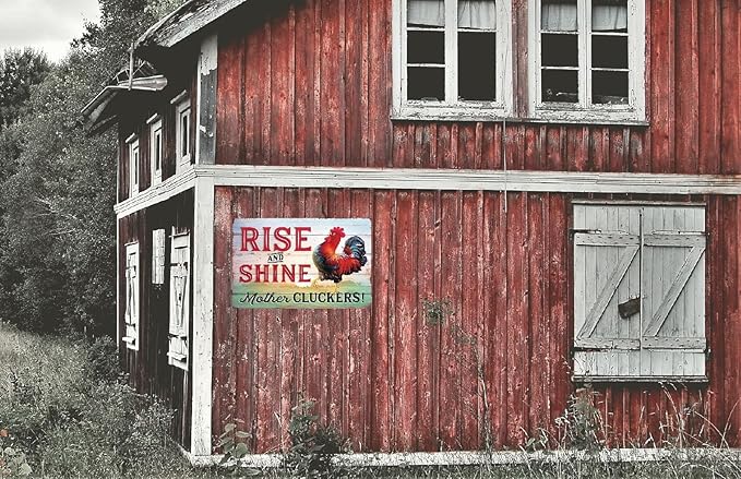 Funny Chicken Sign, Metal Chicken Coop Tin Signs, Rise and Shine Mother Cluckers, Yard Sign Garage Farm Garden Wall Decor Sign Plaque Outdoor for Home Fence 8 X 12 Inches
