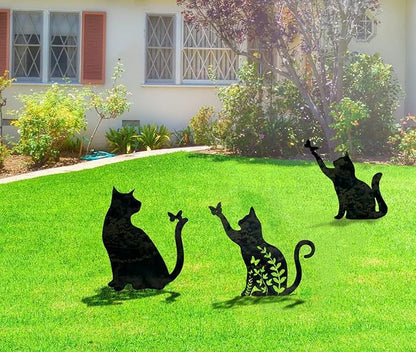 Metal Cat Stake Garden Decor, Yard Decoration Art for Lawn, Gifts for Cat Lovers, Black Outdoor Home Decoration, Metal Kitty Statue (SO CAT Set)