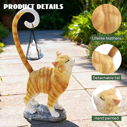Standing Cat Garden Statue Candle Holder for Outdoor Garden Patio and Indoor Decor for Cat Lovers Women and Home Ambiance Orange