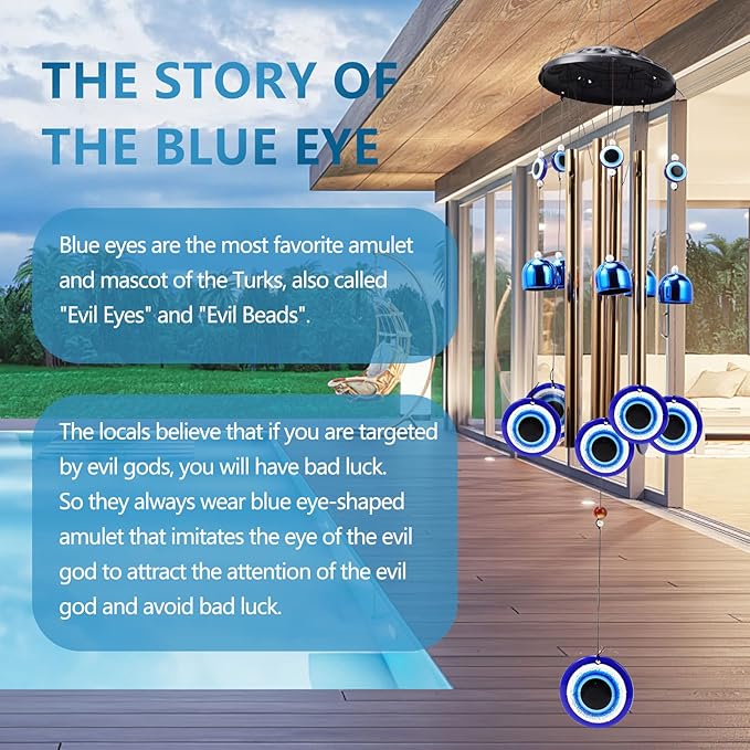 BWINKA Blue Evil Eye Amulet Wind Chimes Bells Outdoor Decor,Metal Windchimes for Garden Patio Backyard Home Decor…