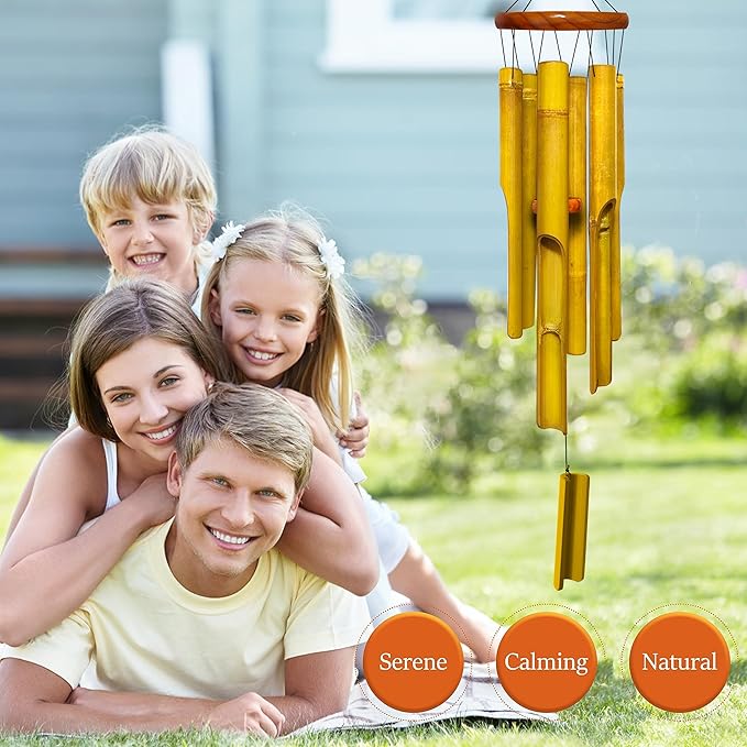 Bamboo Wind Chimes 38" 6 Pipes, Handcrafted Wooden Wind Chime Bring a Unique and Soothing Melody, Create a Zen Atmosphere for Outdoor Indoor Decor, Thanksgiving Day Gifts for Sympathy, Memorial