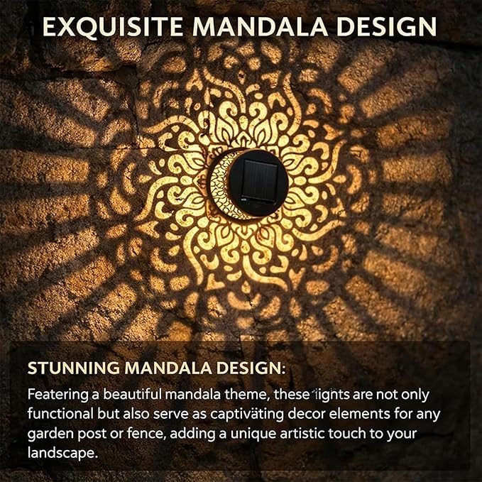 Decorative Solar Mandala Lights, Metal Solar Powered Waterproof Wall & Fence Lights for Garden, Patio, Backyard, Step & Post Decor with Mandala Design (2pcs,Warm Light)