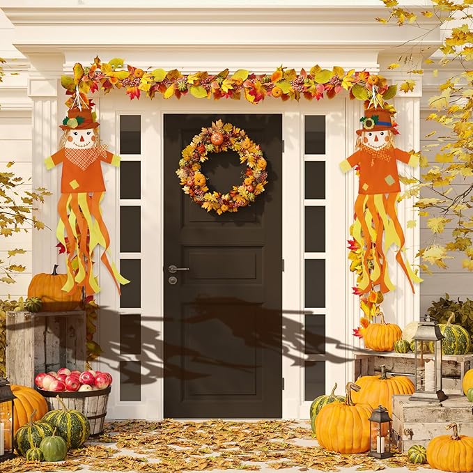 NOVWANG 2 Pcs Fall Scarecrows Windsocks, 40 Inch Outdoor Autumn Wind Sock Thanksgiving Hanging Scarecrow Decorations for Garden Patio Party Home Yard Decor