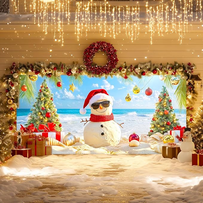 IVN Christmas Holiday Garage Door Banner 6x13 ft Tropical Sandman Scene Backdrop Garage Door Cover Mural with Palm Tree Ornaments Christmas Garage Door Covers Decorative for Winter Beach Party