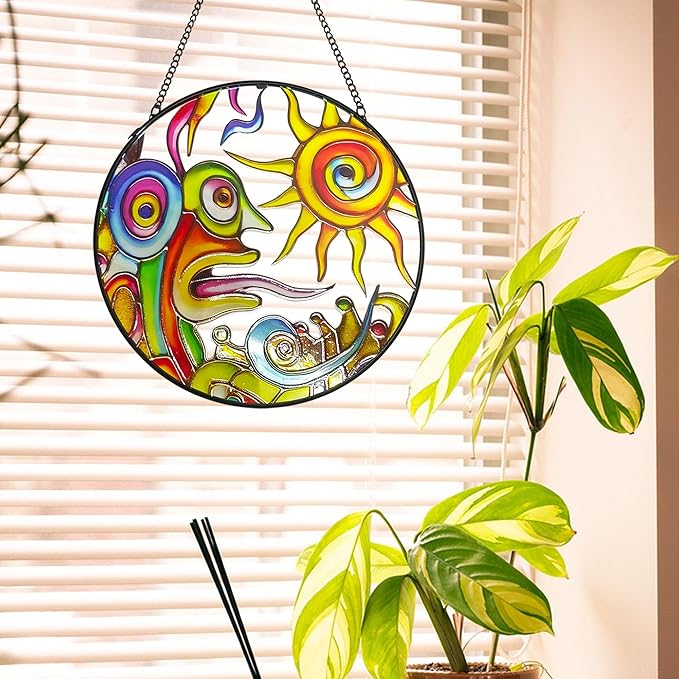 Artistic Sunrise Suncatcher Stained Glass Window Hanging, 7.9'' Abstract Sun Face Suncatchers Garden Hangings with Metal Chain