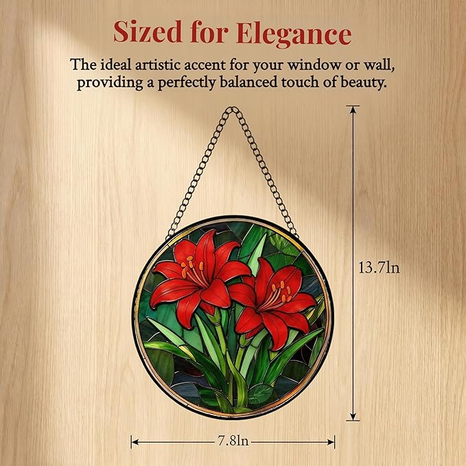 Stained Glass Window Hanging Red Lilies Suncatcher 8 Inch, Red Flower Glass Art Romantic Home Decor, Indoor Outdoor Wall Art, Birthday for Women Men