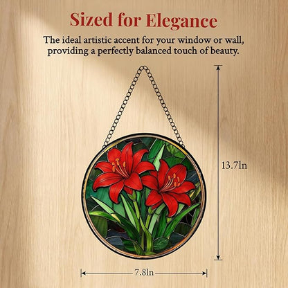 Stained Glass Window Hanging Red Lilies Suncatcher 8 Inch, Red Flower Glass Art Romantic Home Decor, Indoor Outdoor Wall Art, Birthday for Women Men