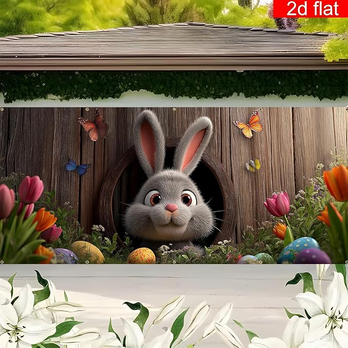 Easter Garage Door Banner Cover, Easter Bunny Colorful Eggs Spring Party Backdrop Decor, Garage Door Cover For Outdoor Yard Holiday Decoration (Cave Bunny)