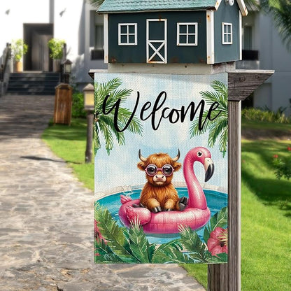 DLZDN Welcome Summer Highland Cow Garden Flag 12×18 Inch Double Side Vertical Burlap Farmhouse Yard Flag Summer Seasonal Outdoor House Decoration