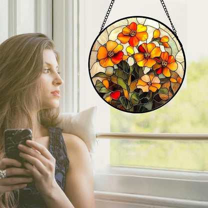 Stained Glass Window Hanging - Orange Marigolds Flowers Suncatcher for Door Garden Yard Sun Catchers Decor Christmas Mother's Day Birthday Gifts for Women Mom Nana Girlfriend Men 6.3 in