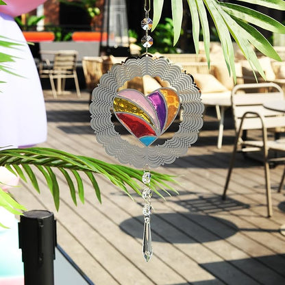 Wind Spinner Suncatcher Metal Colorful Heart for Outside Durable 3D Stainless Steel Wind Pendant Hanging Art Ornaments for Garden Yard Balcony Decor