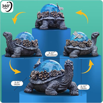Outdoor Turtle Statue – Resin Animal Figurine with Blue Crystal Solar Lights,Golden Succulent Accents & Dragonfly Decor, Cute Garden Ornament, Yard Art for Lawn, Patio,Mom Wife Unique Gifts