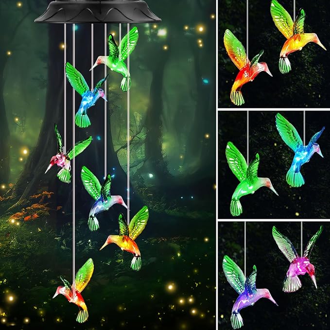 Mom Grandma Gifts for Mothers Day, Birthday Gardening Gifts for Women, Hummingbird Solar Lights Outdoor Decorative Solar Wind Chimes for Outside Garden Decor Yard Patio Porch