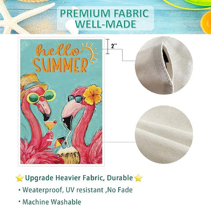 Baccessor Hello Summer Garden Flag Double Sided 12.5x18 Inch Pink Flamingo Tropical Beach Summer Welcome Small Yard Flag Burlap Seasonal Farmhouse Outside Outdoor Decoration