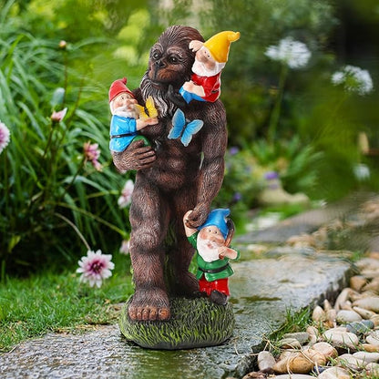 Gorilla Bigfoot Dwarf Bigfoot Sculpture Butterfly Statue with Large Garden Accessories with LED Decorative Gifts 7.5X5.9X13Inch