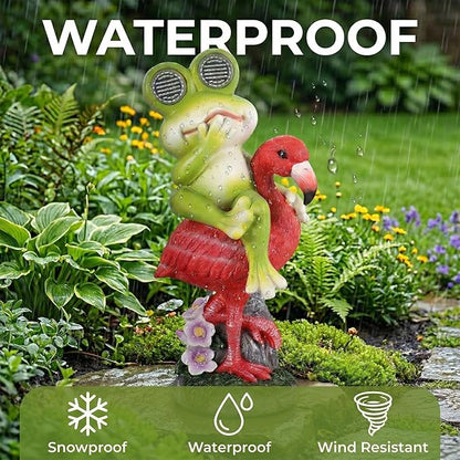Solar Garden Decor Garden Statues Yard Art Frog Riding Flamingo Outdoor Funny Decoration for Lawn, Patio, Yard, Gardening Gifts for Women Mothers Day Gifts for Mom