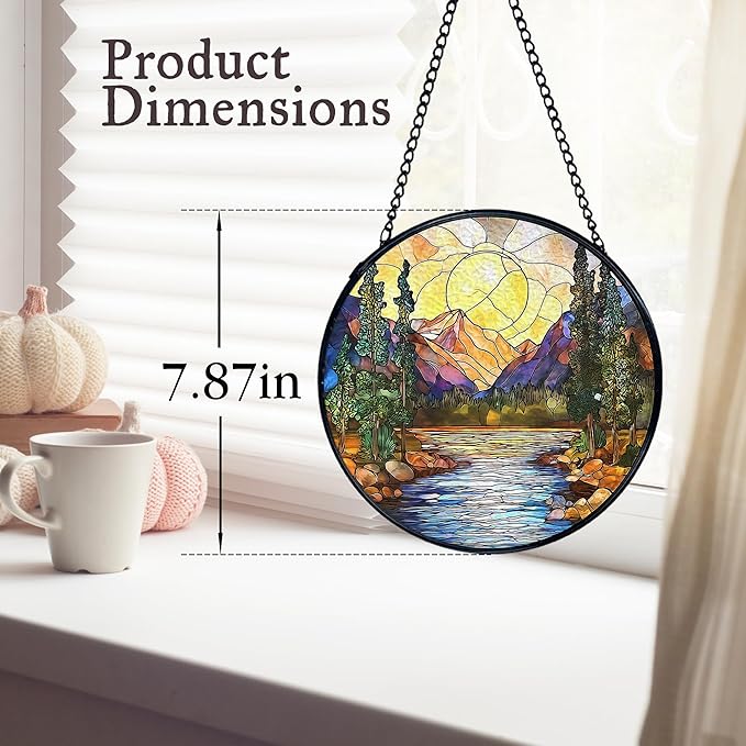 kdqua Mountain Suncatcher Stained Glass Window Hanging, Nature Sunset River Landscape Sun Catchers Indoor Window Glass Round Wall Decor, Mountain Wall Art Hanging Decorations Statues, 7.9x7.9in