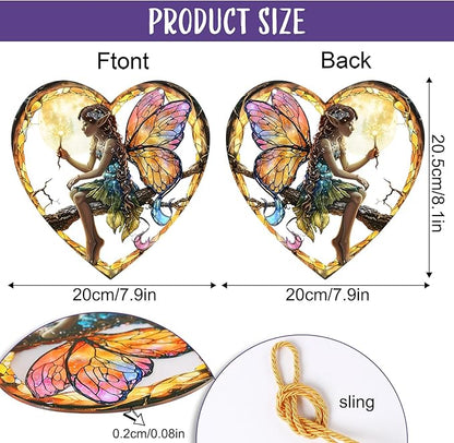 1PC Flower Fairy Acrylic Stained Glass Suncatcher Nature Heart-Shaped Magic and Butterfly Girls Suncatcher Hanging Decoration with Cord SunCatchers for Window Decor Outdoor Garden Decor Gift (Yellow)