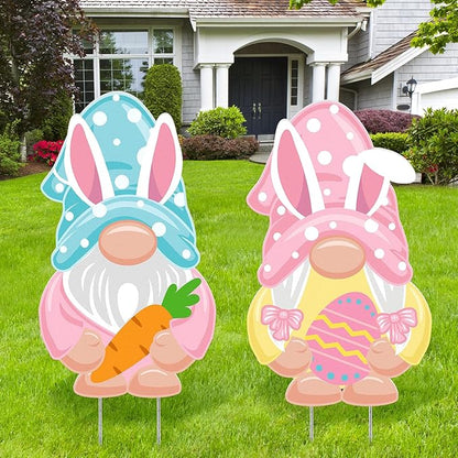 2 Pcs Easter/Spring Outdoor Decorations 16 Inch Easter Yard Signs Metal Pastel Gnome/Rustic Bunny/Lavender Garden Stakes for Home Outside Pathway Lawn Backyard Patio Farmhouse Party Decor(Gnome)