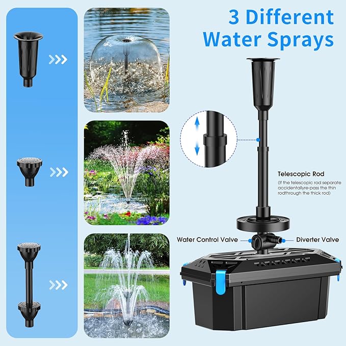 Antfraer Pond Filter with LED Lights, RGB Pond Filter with 660GPH Pump Fountain Kit, Filter Box with RGB Auto-Cycle LED Lights & 3 Spray Modes for Outdoor Ponds Clean Clear and Build Water Features