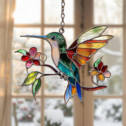 Hummingbird and Flowers Acrylic Suncatcher, Flower Suncatchers for Window Hangings, Stained Glass Effect Garden Decor, Gift for Mother's Day, Mom, Grandma, Wife, Women