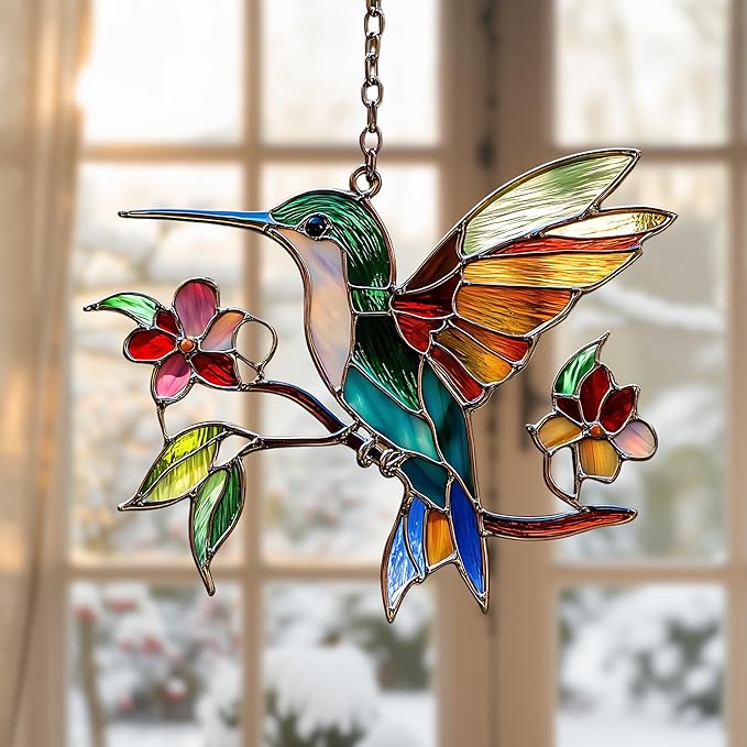 Hummingbird and Flowers Acrylic Suncatcher, Flower Suncatchers for Window Hangings, Stained Glass Effect Garden Decor, Gift for Mother's Day, Mom, Grandma, Wife, Women