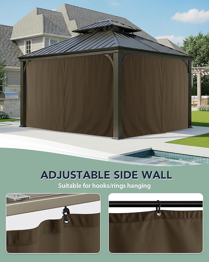 Gazebo Curtains Outdoor Waterproof - 12'Wx12'Lx7.9'H Windproof Patio Pergola Outside Sidewall Drapes with Zipper, 4 Panels Gazebo Universal Replacement Privacy Curtains, Brown